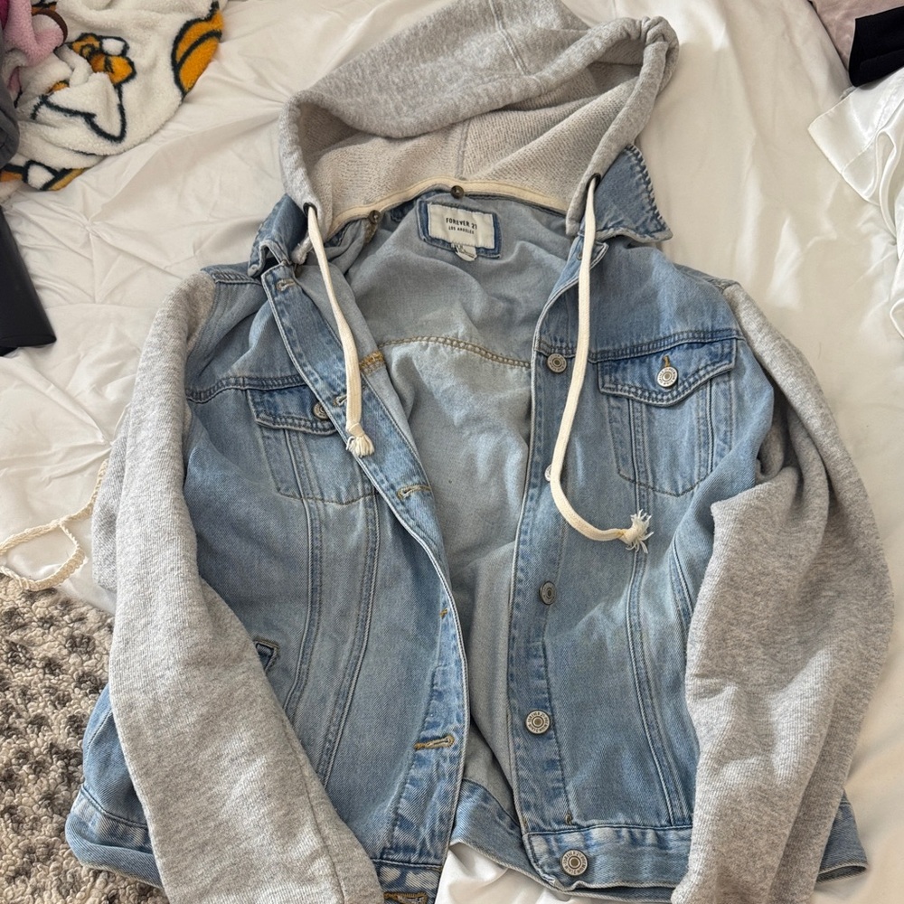 Forever 21 Light Blue Denim Jacket with Gray Hood